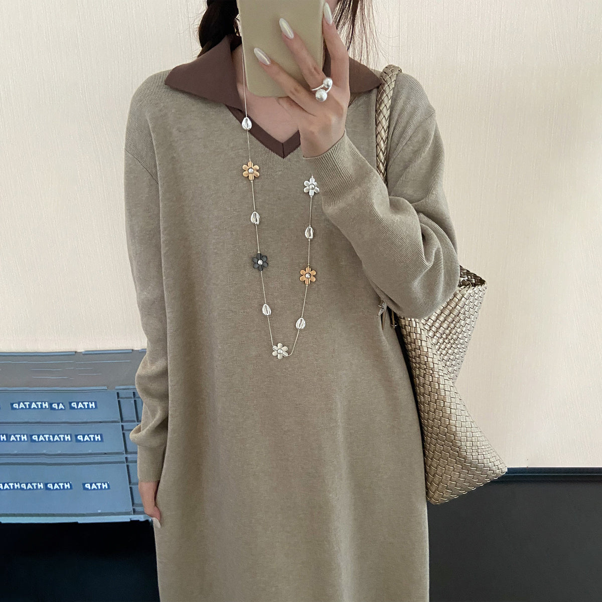 【ワンピース】大きいサイズ襟付きニットワンピース レディース 秋冬新作 ゆったり 体型カバー ロング丈【JZシリーズ】