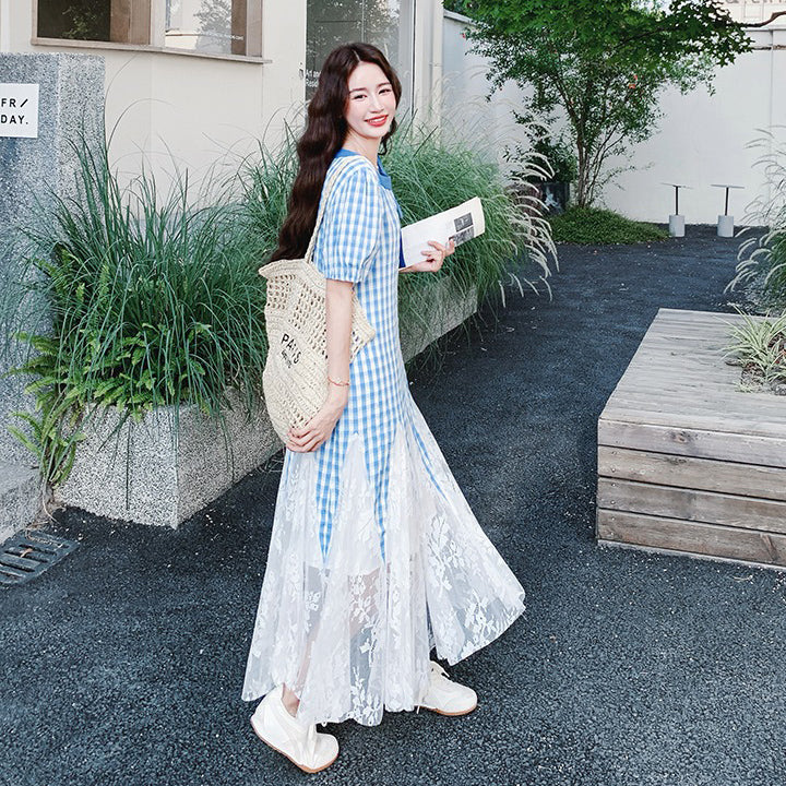 【ワンピース】日系ガーリー チェック柄×レース 半袖 切り替え マーメイドワンピース【SHシリーズ】