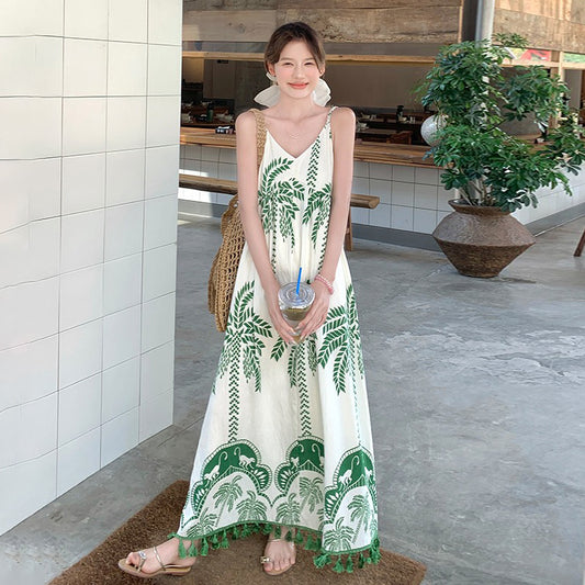 【ワンピース】フレンチ ヴィンテージ風 花柄 ノースリーブ キャミワンピース 夏 新作 バカンス系 上品 ロングドレス【SHシリーズ】