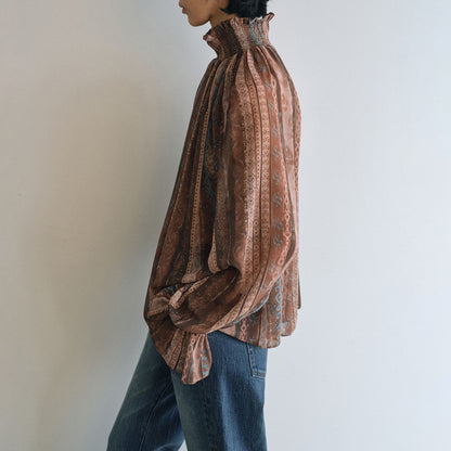 【トップス】新作 レディース ハイネック 花柄 シャーリング ブラウス フリル デザイン 春秋コーデ トレンド【SHシリーズ】