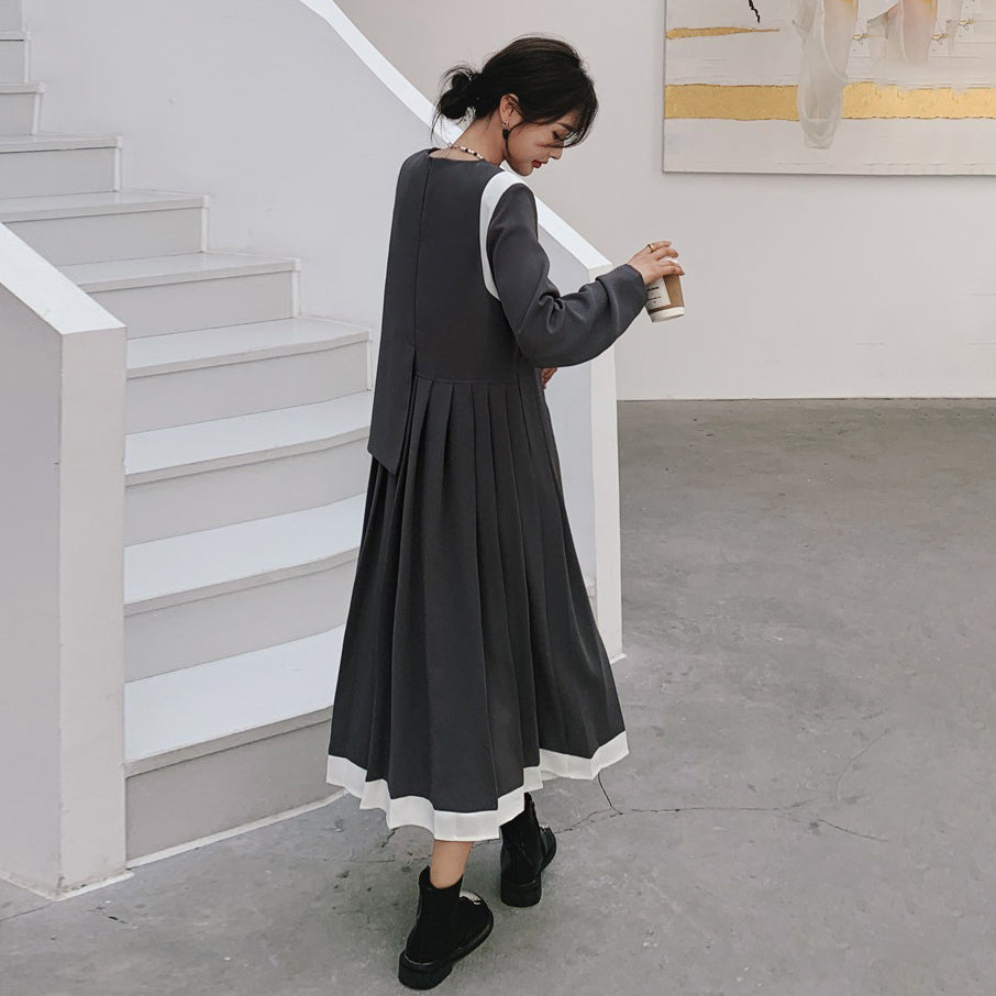 【ワンピース】配色 長袖ワンピース レディース 春秋 細見え 気質 スーツ風プリーツワンピース【JZシリーズ】