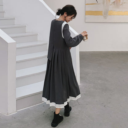 【ワンピース】配色 長袖ワンピース レディース 春秋 細見え 気質 スーツ風プリーツワンピース【JZシリーズ】