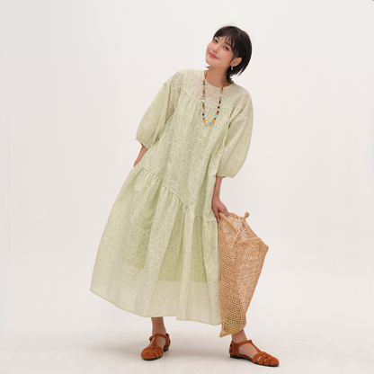 【ワンピース】夏 青みグリーン 楊柳 コットン フレンチラウンドネック 半袖 ワンピース 【SHシリーズ】