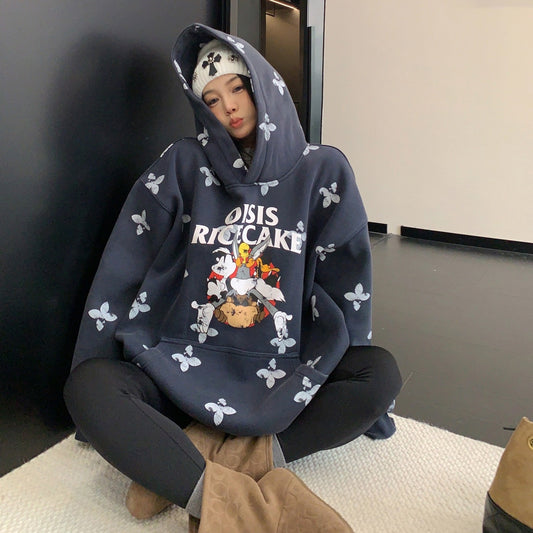 【トップス】レトロ ヴィンテージ加工 キャラクタープリント フード付き パーカー 【FCシリーズ】