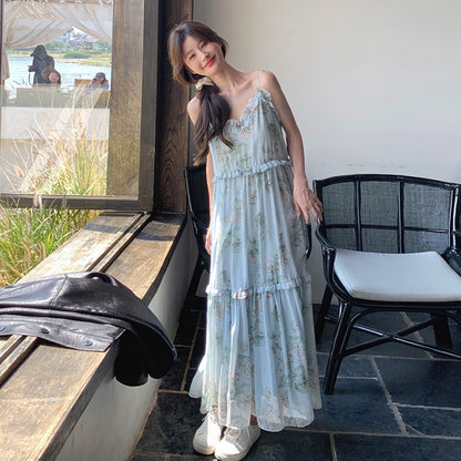 【ワンピース】ブルー ノースリーブ キャミソール 花柄ワンピース リゾート風 ゆったり スリム見え 夏【SHシリーズ】