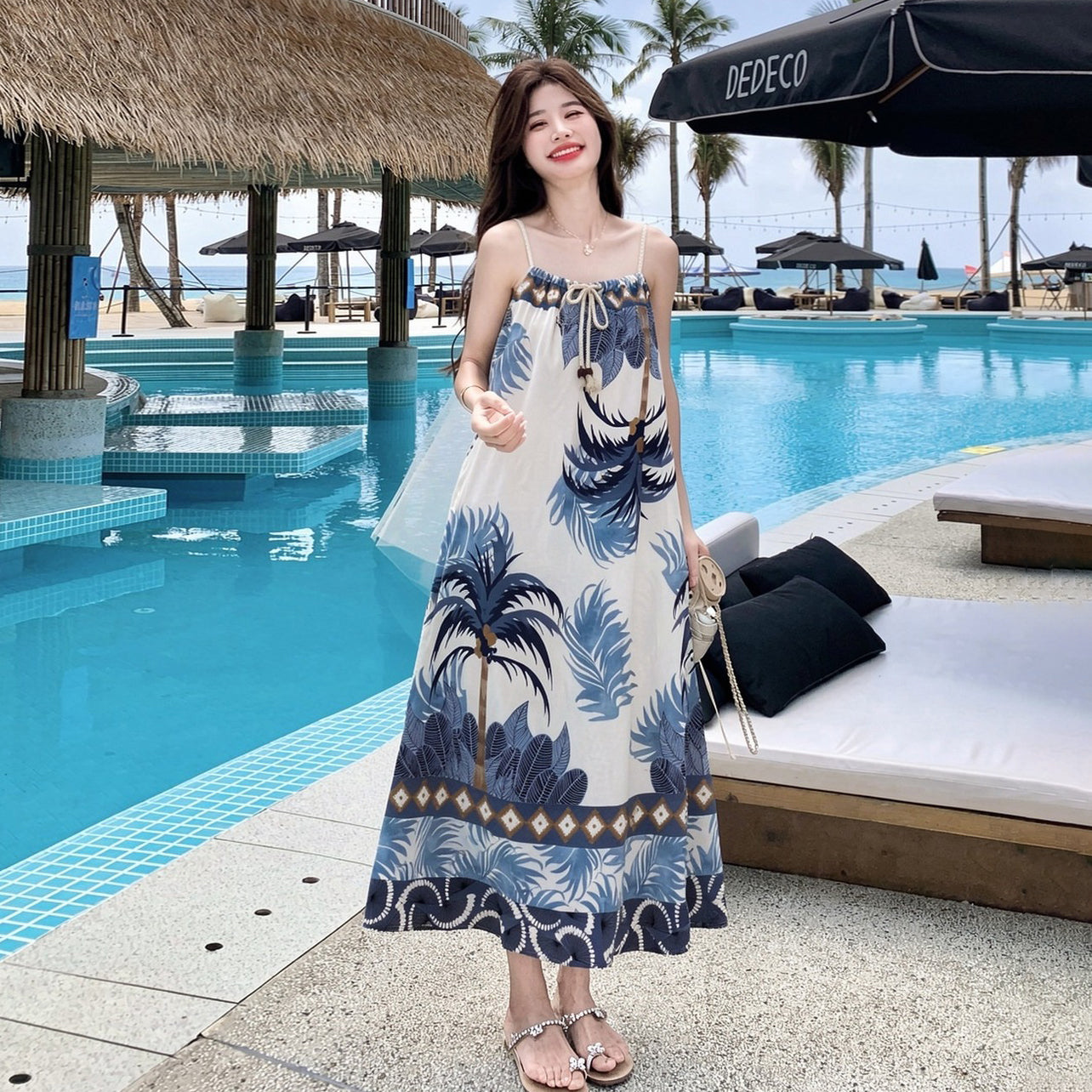【ワンピース】リゾート風 配色プリントキャミワンピース レディース ノースリーブ ゆったり ロング丈 体型カバー 海島スタイル【SHシリーズ】
