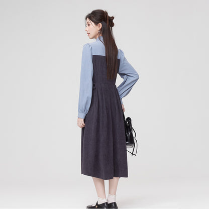 【ワンピース】秋新作 文芸風 フェミニン 個性派 ドッキング風 ウエストマーク 長袖ワンピース【JZシリーズ】