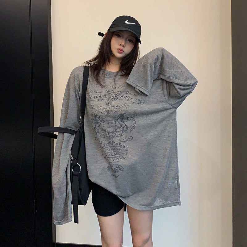 【トップス】韓国風 プリントロンT レディース 春夏 オーバーサイズ 長袖Tシャツ ナチュラルコーデ【FCシリーズ】