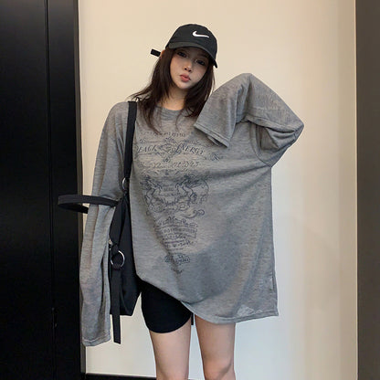 【トップス】韓国風 プリントロンT レディース 春夏 オーバーサイズ 長袖Tシャツ ナチュラルコーデ【FCシリーズ】