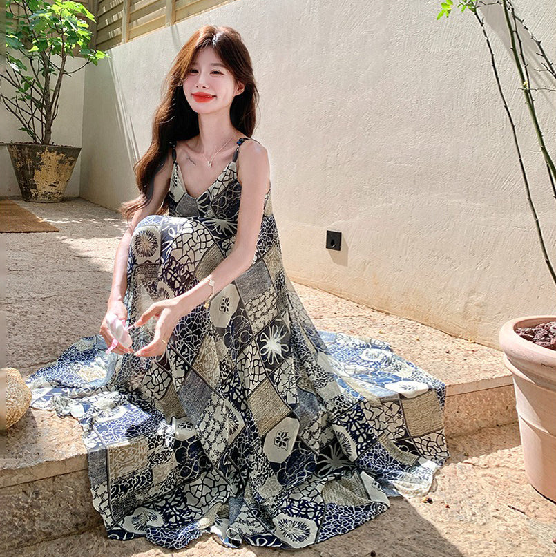 【ワンピース】夏新作 ボヘミアンリゾート風 シフォンプリント ノースリーブワンピース 大人可愛いAラインシルエット【SHシリーズ】