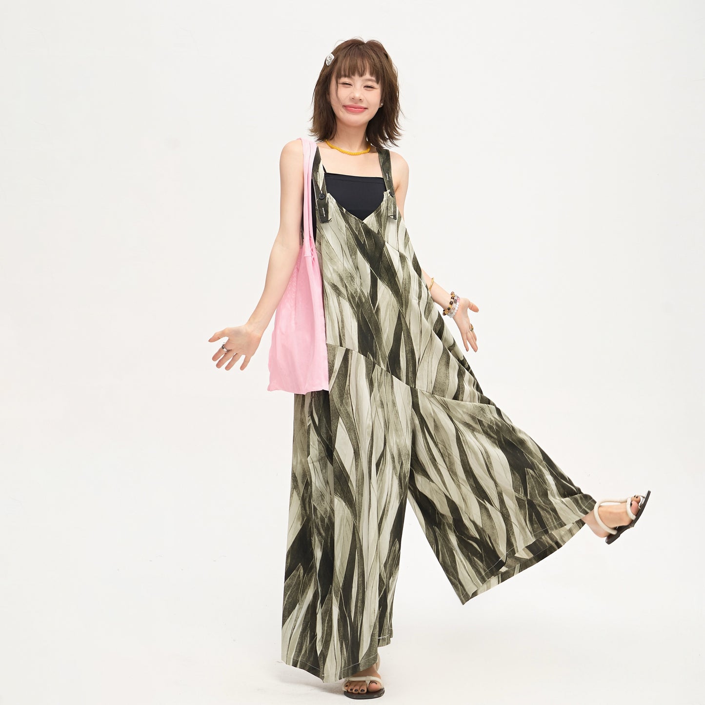 【ボトムス】ゆったりカジュアル オーバーサイズ 夏新作 Vネックストライプオールインワン【SHシリーズ】