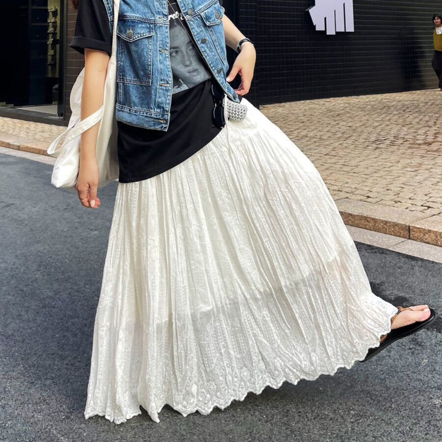 【ボトムス】春夏新作 レディース レースAラインスカート ハイウエスト ミモレ丈 体型カバー 切り替え リゾート風【JZシリーズ】