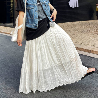 【ボトムス】春夏新作 レディース レースAラインスカート ハイウエスト ミモレ丈 体型カバー 切り替え リゾート風【JZシリーズ】