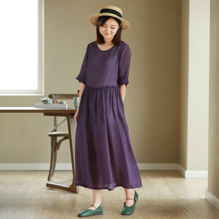 【ワンピース】夏新作 リネン混 白 ロング長袖ワンピース フレンチ風 ゆったりナチュラル