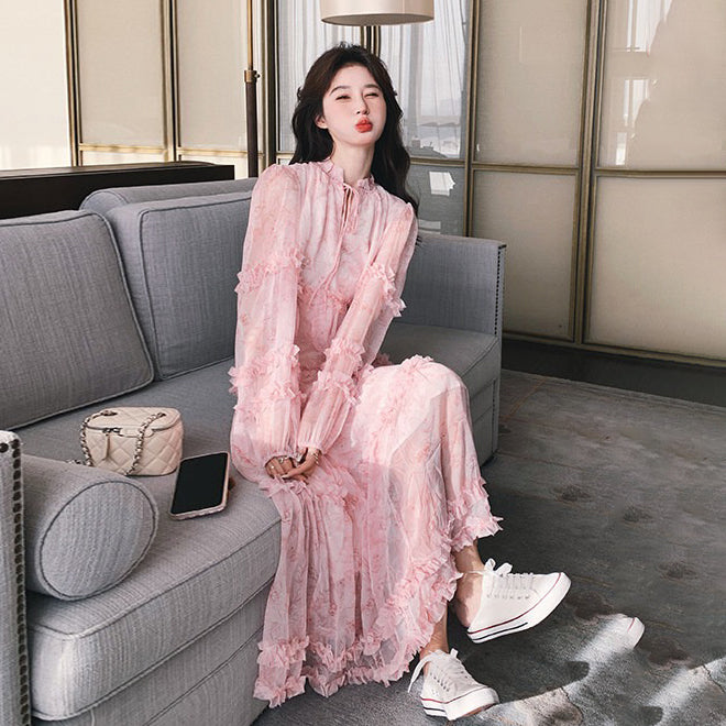 【ワンピース】フレンチ 花柄 長袖ワンピース｜上品 ティアード ロング丈｜ロマンチック ゆるシルエット 体型カバー 映えドレス【SHシリーズ】