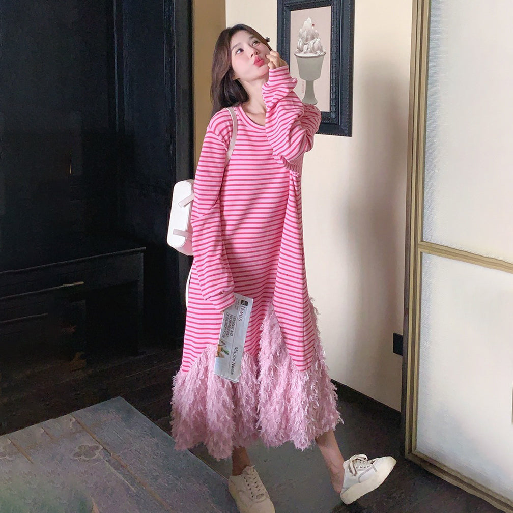 【ワンピース】トレンド切り替え ピンクストライプ 長袖ワンピース  フェイクレイヤード マーメイドスカート カジュアル スウェットワンピ 【SHシリーズ】