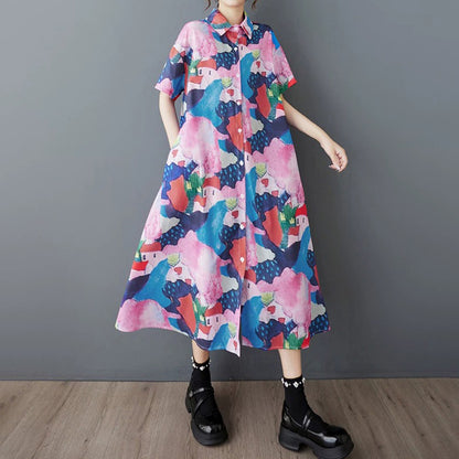 【ワンピース】韓国風 プリントシャツワンピース レディース 夏 半袖 ロング丈 ゆったり 体型カバー【SHシリーズ】