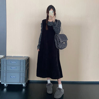 【セットアップ】【単品注文】ドット柄トップス×ジャンパースカート 2点セット レディース 秋冬新作 ゆったり 体型カバー ワンピースセット【JZシリーズ】