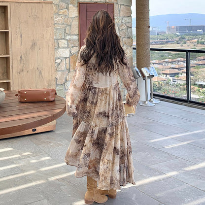 【ワンピース】タイダイ風 花柄シフォン 長袖ワンピース｜Aライン ロングドレス【SHシリーズ】