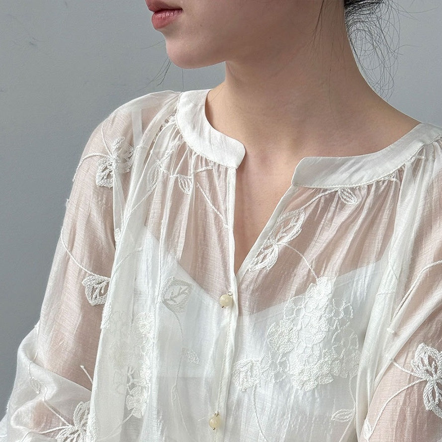 【セットアップ】カットワーク刺繍 UV対策シャツ + カジュアルショートパンツ 2点上下セット 【JZシリーズ】