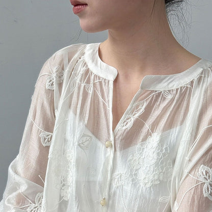 【セットアップ】カットワーク刺繍 UV対策シャツ + カジュアルショートパンツ 2点上下セット 【JZシリーズ】