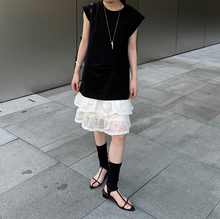 【ワンピース】夏新作 韓国風ウエストマーク切り替え デザイン感 レース ノースリーブワンピース【JZシリーズ】