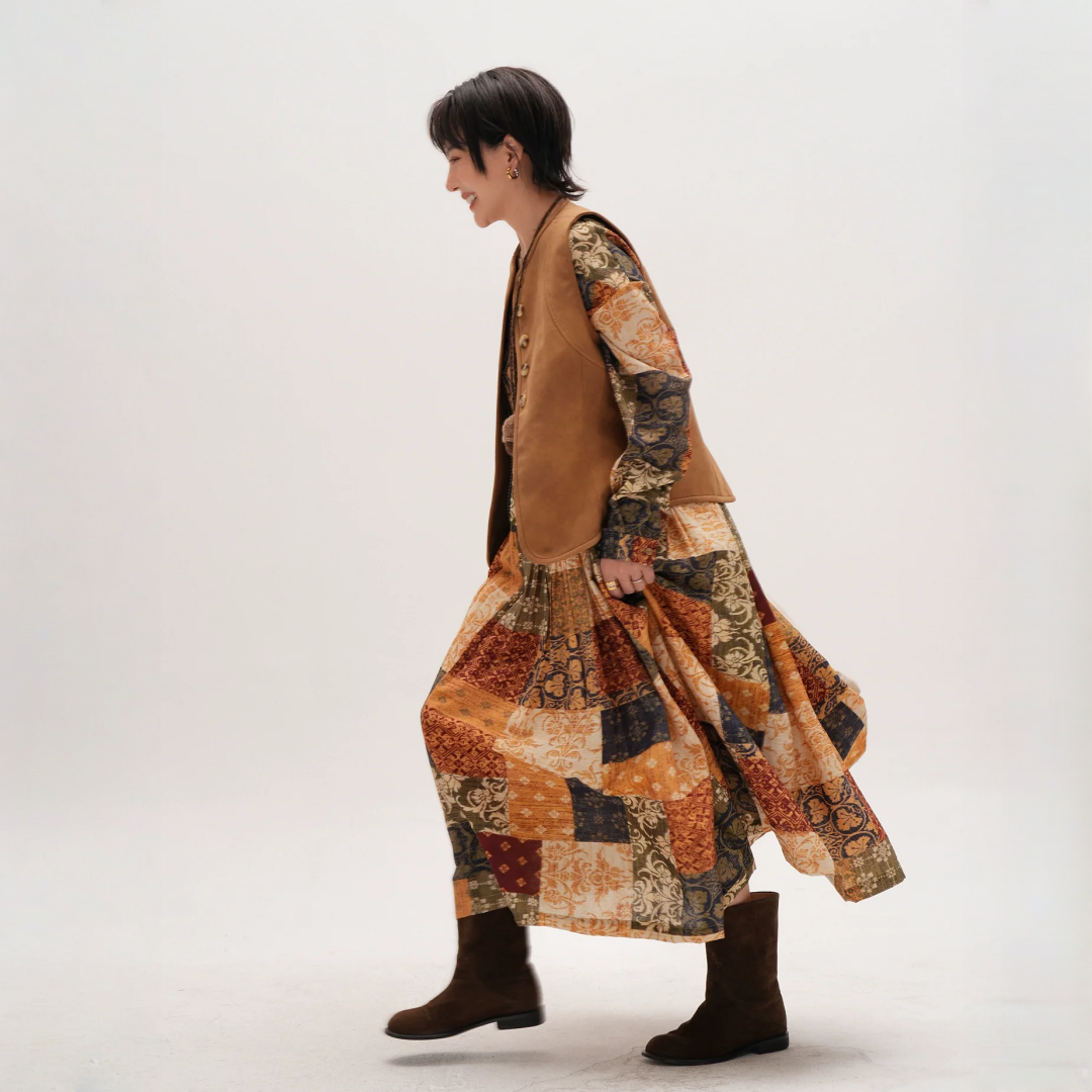 【ワンピース】春 秋 冬レトロ プリント ゆったり 長袖 ワンピース 【JZシリーズ】