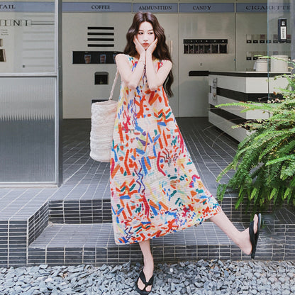 【ワンピース】アート風 グラデーション グラフィティプリント ノースリーブワンピース レディース 夏新作 若見え ゆったり キャミワンピース【SHシリーズ】