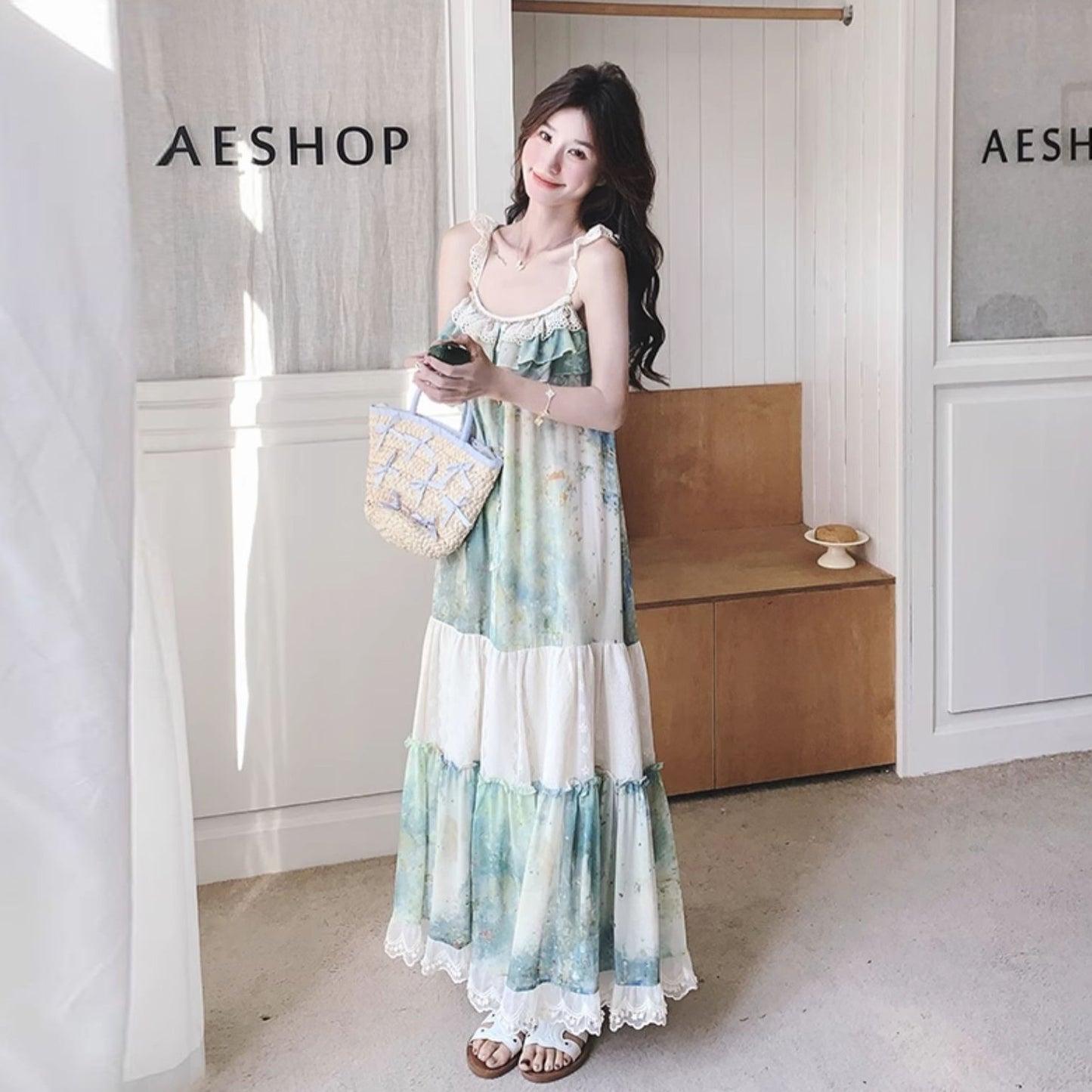 【ワンピース】フレンチヴィンテージ 森系 ビーチリゾートワンピース 油絵風 ノースリーブキャミワンピース【SHシリーズ】