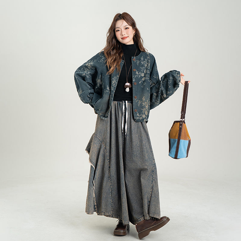 【ボトムス】レトロ デニムワイドパンツ レディース 秋冬新作 個性的な切替デザイン 体型カバー リラックスカジュアル【JZシリーズ】