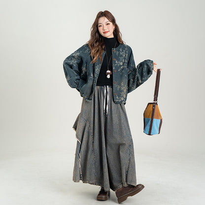 【ボトムス】レトロ デニムワイドパンツ レディース 秋冬新作 個性的な切替デザイン 体型カバー リラックスカジュアル【JZシリーズ】