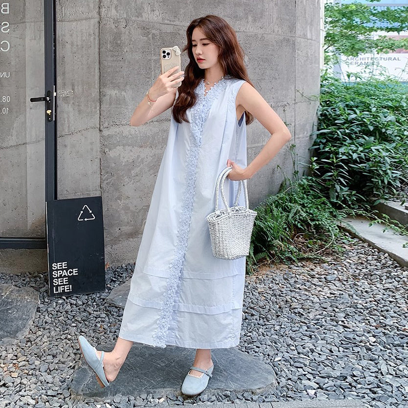 【ワンピース】ライトブルー レーストリム ノースリーブワンピース 夏 ロング丈 気質アップ【JZシリーズ】