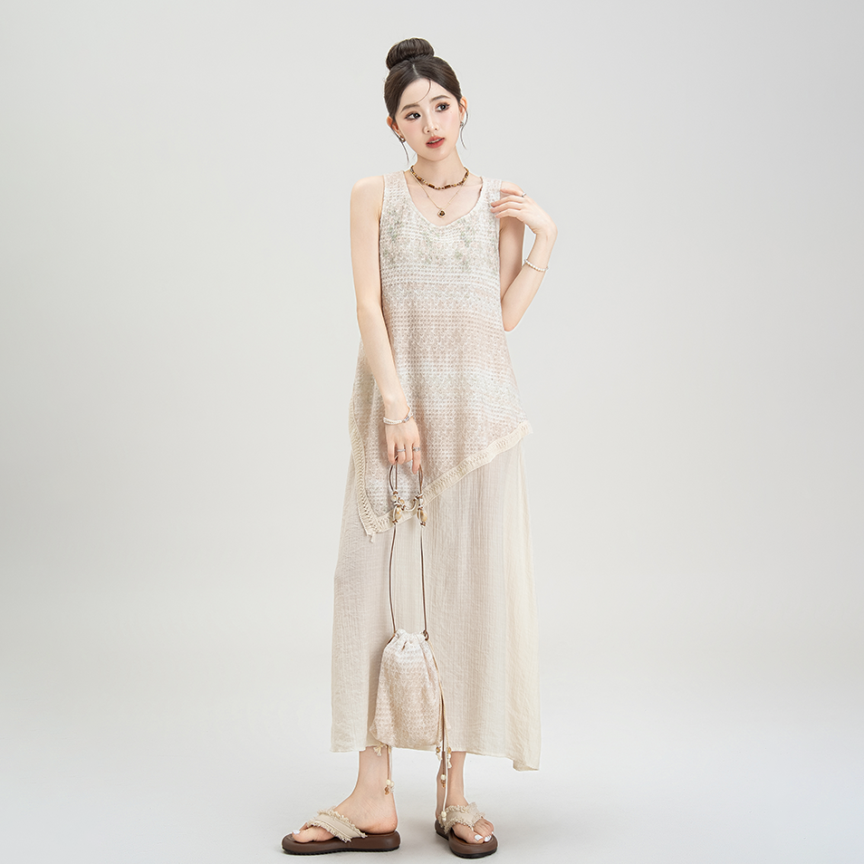 【ワンピース】リゾート風 夏新作 アシンメトリー ストライプタイダイ フェイクレイヤード ノースリーブワンピース【SHシリーズ】