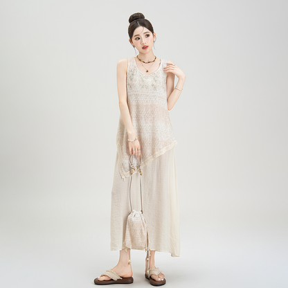 【ワンピース】リゾート風 夏新作 アシンメトリー ストライプタイダイ フェイクレイヤード ノースリーブワンピース【SHシリーズ】