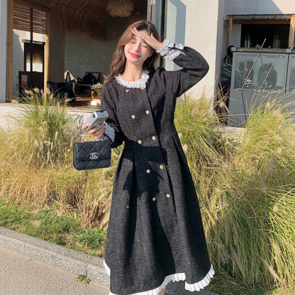 【ワンピース】シャネル風 レース 切り替え フェミニン 長袖 ワンピース 【JZシリーズ】