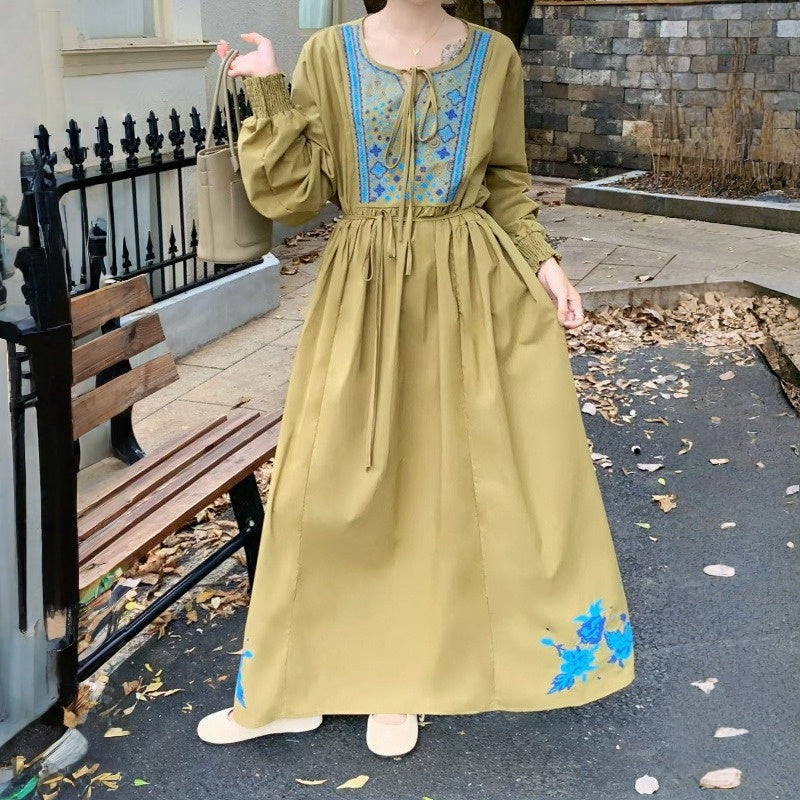 【ワンピース】春 秋 刺繍 ルーズ エレガント 花柄 長袖 ワンピース 【SHシリーズ】