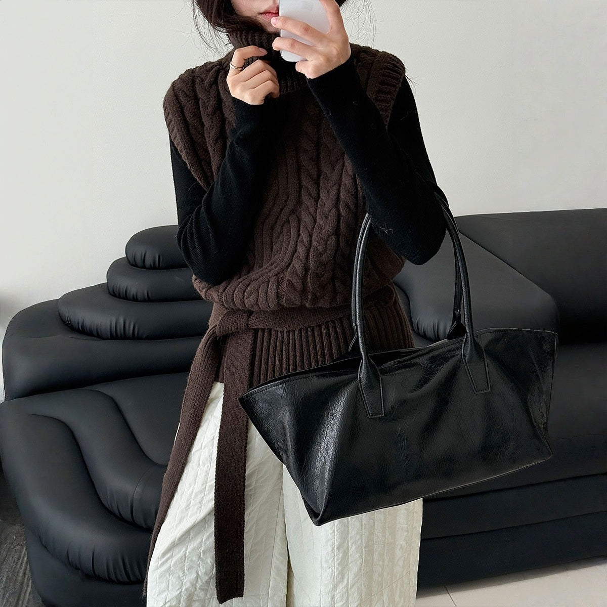 【トップス】春 秋 冬 ハイネック ケーブル ベルト付き ノースリーブ セーター 【JZシリーズ】