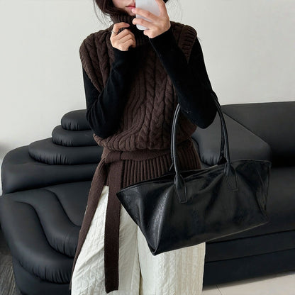 【トップス】春 秋 冬 ハイネック ケーブル ベルト付き ノースリーブ セーター 【JZシリーズ】