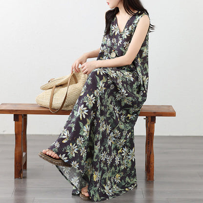 期間限定⭐️60%OFF【ワンピース】インポート風 ノースリーブ ワンピース レディース 夏 リネンコットン 花柄 Vネック ロング丈 ゆったり 体型カバー 薄手【SHシリーズ】