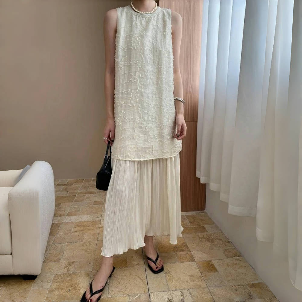 【ワンピース】夏 テンセル フェイクレイヤード ノースリーブ ワンピース【SNシリーズ】