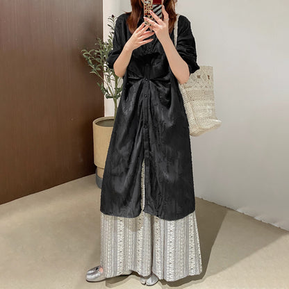 【ワンピース】文芸スタイル プリーツデザイン 立体花柄 長袖 薄手 UVカット シャツワンピース【JZシリーズ】