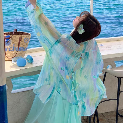 【アウター】花柄 UVカットシャツ 春夏 韓国風 薄手 グラデーション ビーチリゾートアウター【SHシリーズ】