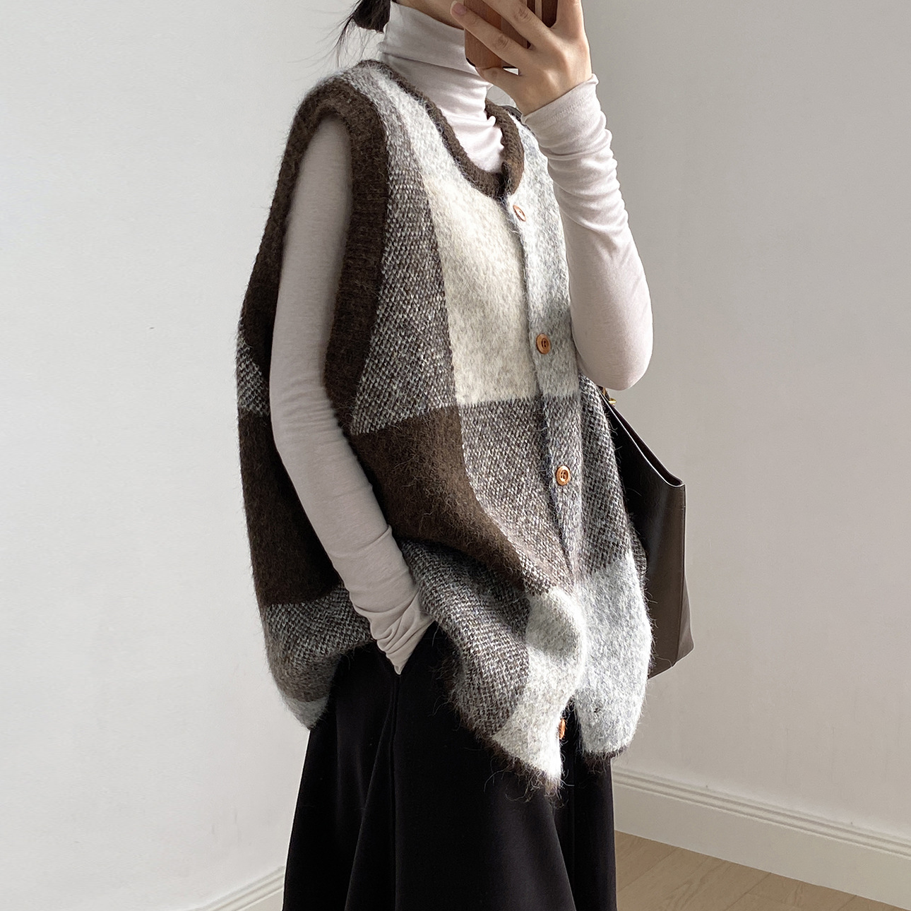 【トップス】レトロ 配色 チェック ニット ベスト レディース 秋 ゆったり クルーネック セーター【JZシリーズ】