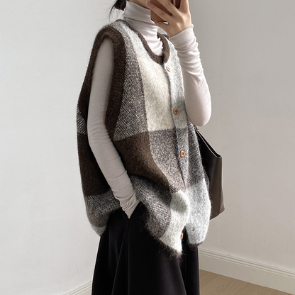 【トップス】レトロ 配色 チェック ニット ベスト レディース 秋 ゆったり クルーネック セーター【JZシリーズ】