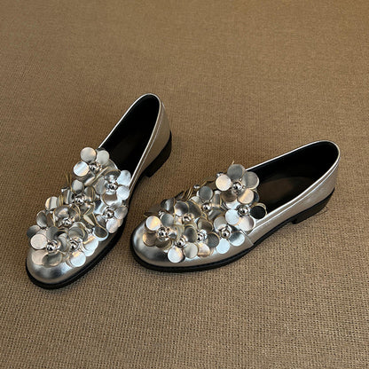 【シューズ】ミドルヒール フラワーデザイン ローファー レディース カジュアル 春秋コーデ パンプス