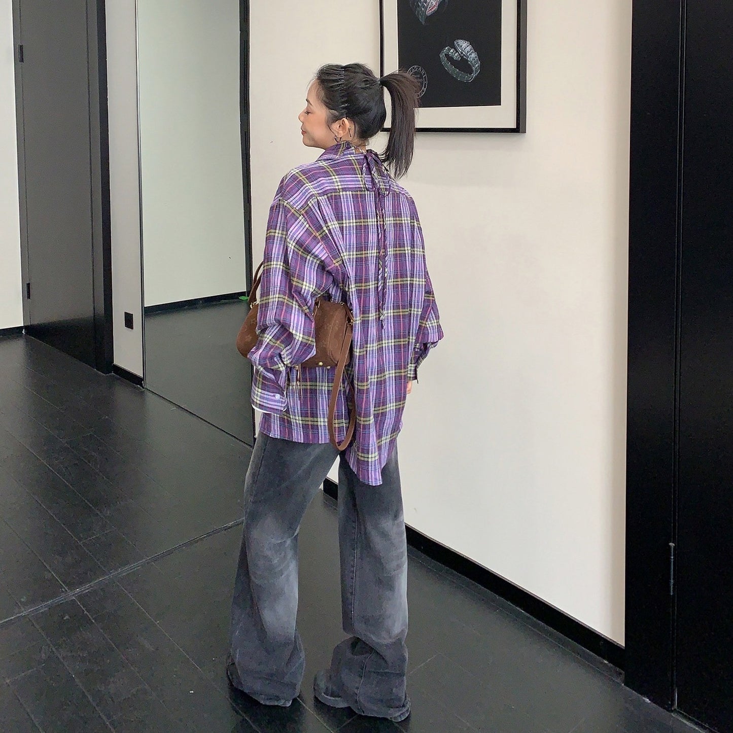 【トップス】こなれ感 バックリボン パープル チェック シャツ 【FCシリーズ】