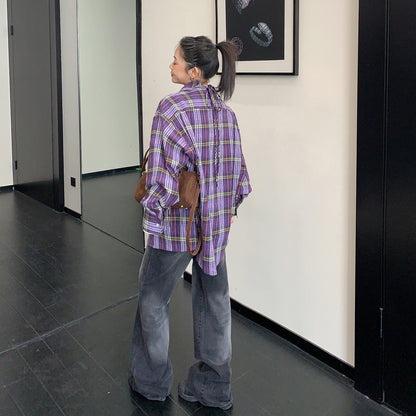 【トップス】こなれ感 バックリボン パープル チェック シャツ 【FCシリーズ】