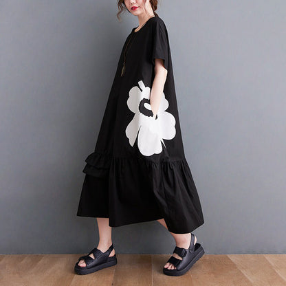 【ワンピース】大きいサイズ 花柄ワンピース レディース 夏 フリル切替 ゆったり フレア ミディ丈 体型カバー【AHシリーズ】