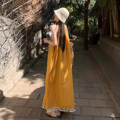 【ワンピース】ビーチリゾート風 エレガントなリラックス感 フリンジ付き ノースリーブワンピース