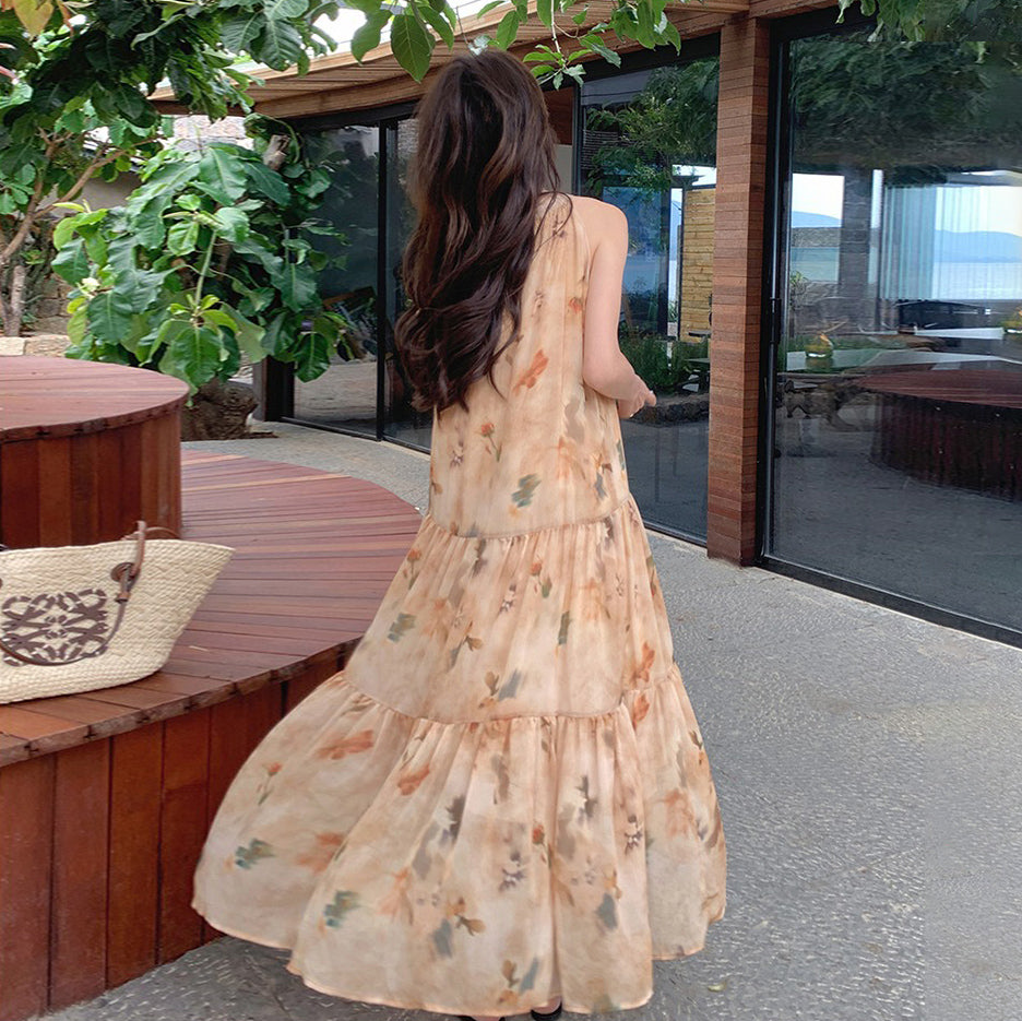 【ワンピース】イエロー 小花柄 ノースリーブ ホルターネック レディース 夏 フェアリー風 バカンス ワンピース【SHシリーズ】